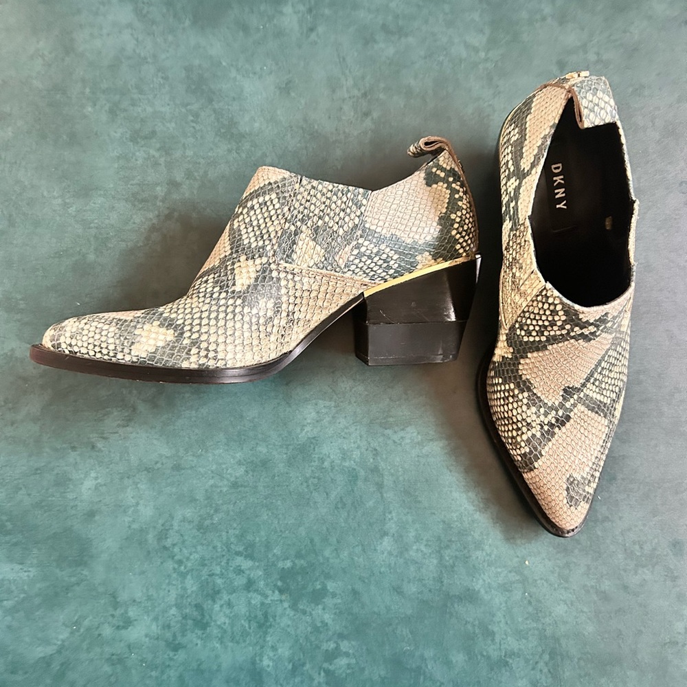 DKNY Tan and Black Ankle Booties with Snakeskin Pattern